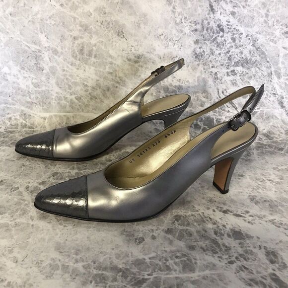 Salvatore Ferragamo Silver/Gray Reptile Tip Slingback Pumps 3" Heel Size 8.5 4A - Picture 4 of 12